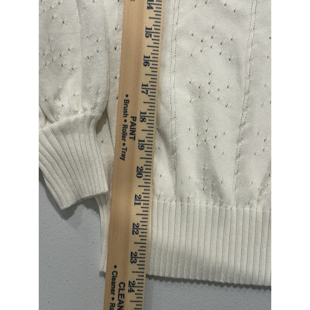 Womens Square Neck Long Puff Sleeve Pointelle Sweater Cream Size Small Casual - Picture 10 of 10